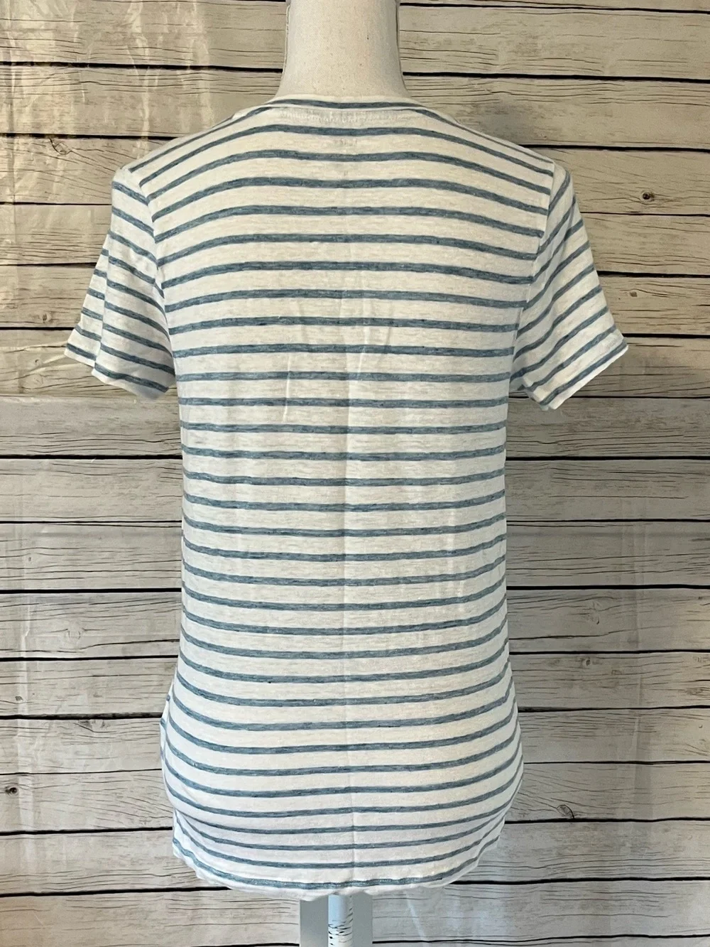 J. Crew Blue and White Striped Linen V-Neck Pocket Tee
